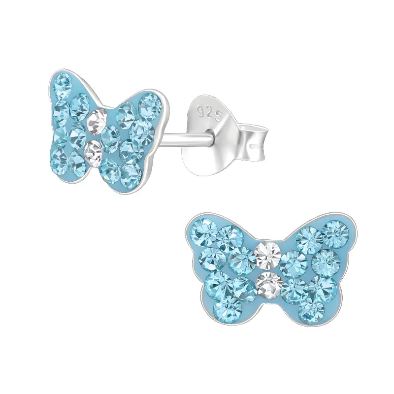 custom name earrings -Children's Sterling Silver 'Blue Sparkle Butterfly' Crystal Stud Earrings