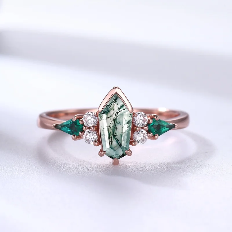 custom fit engagement rings -Unique Moss Agate Wedding Ring Set Rose Gold Gothic Engagement Ring Coffin Shield Cut