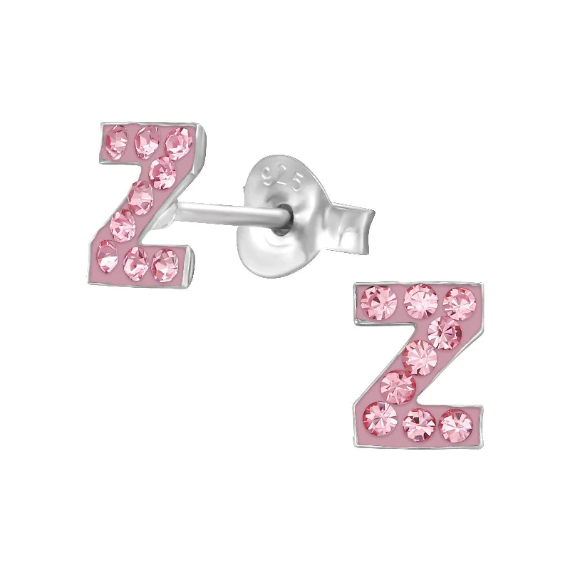 trendy earrings for women -Children's Sterling Silver 'Letter Z' Pink Crystal Stud Earrings