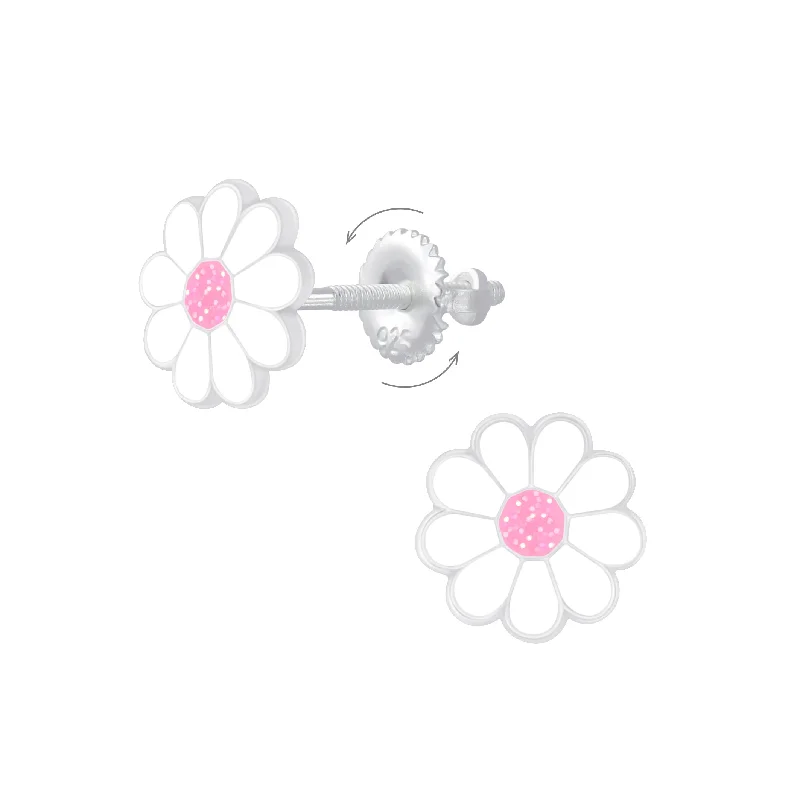 women’s stylish earrings -Children's Sterling Silver 'White and Pink Flower' Screw Back Stud Earrings