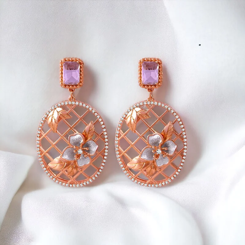 stunning gemstone earrings -Pink Stone Oval Rose gold Drop Earring