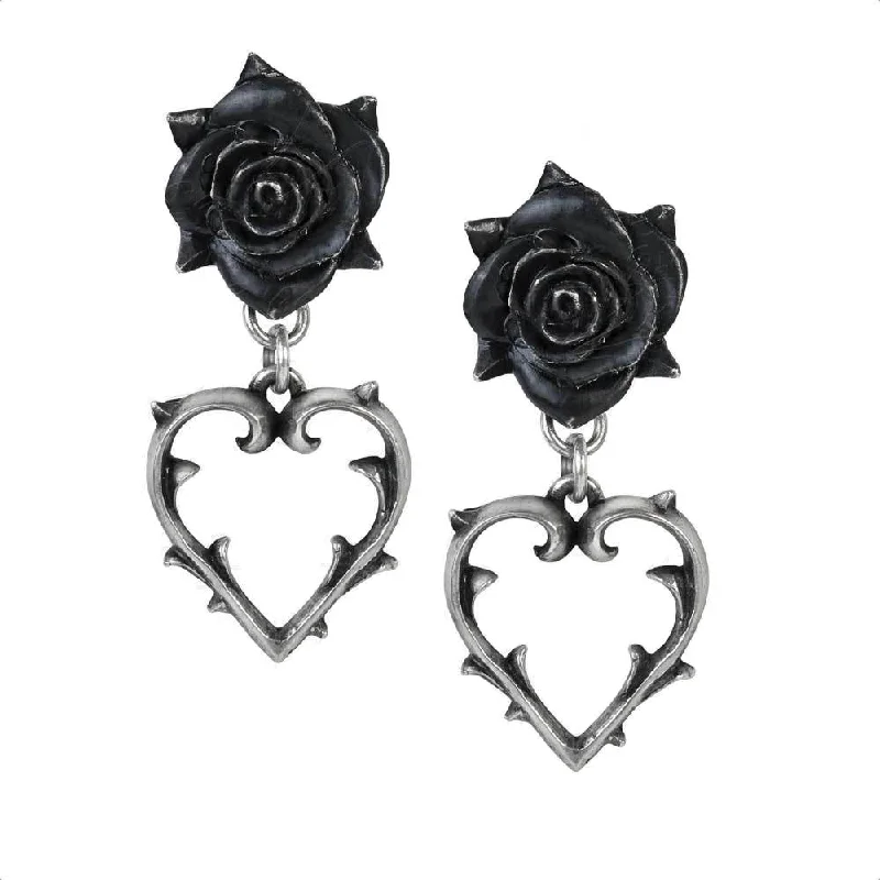 trendy drop earrings for women -Wounded Love Earrings with Thorny Hearts and Gothic Black Roses