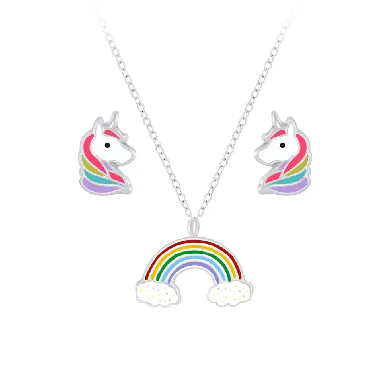 romantic drop earrings -Children's Sterling Silver Rainbow Pendant Necklace and Unicorn Stud Earrings Set