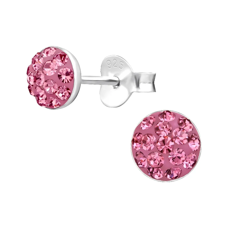 ear cuffs for women -Children's Sterling Silver Round Stud Earrings with Rose Pink Diamante Crystals