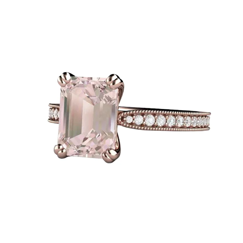 trendy fashion rings -Emerald Cut Morganite Engagement Ring Vintage Style Accented Solitaire