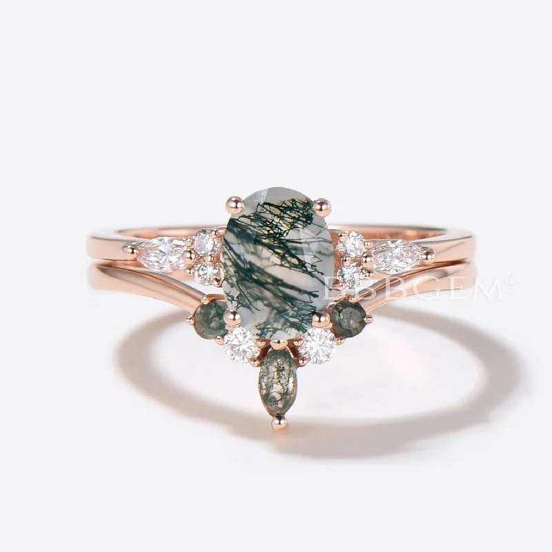 gold engagement rings for women -7 Stone Moss Agate Engagement Ring Set Moissanite Bridal Set