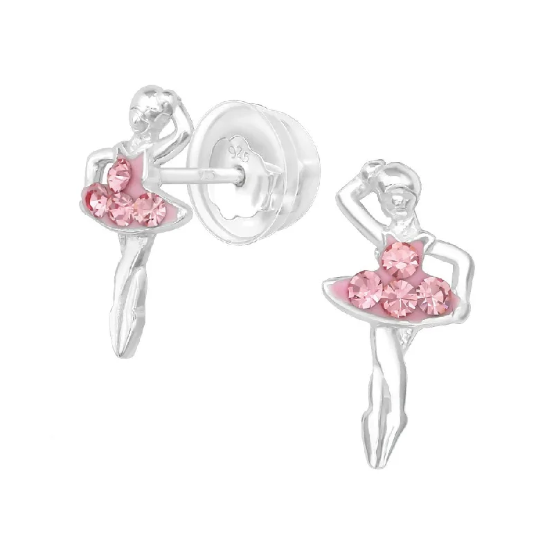 fashion-forward earrings -Children's Sterling Silver Ballerina With Pink Diamante Dress Stud Earrings