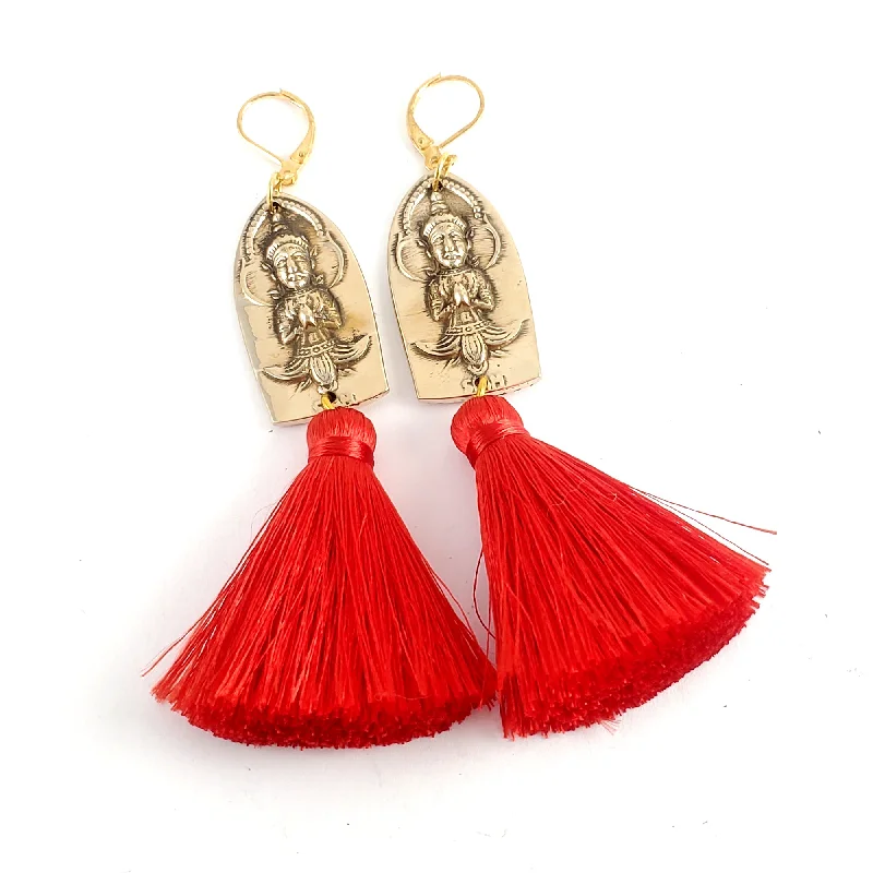 gold chandelier earrings -Vintage Siam Brass Tassel Spoon Earrings