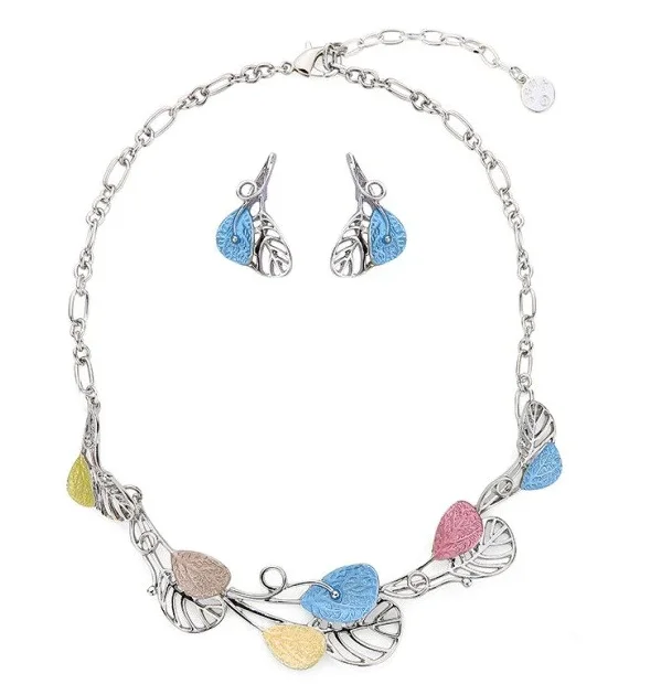 cute hoop earrings for women -Adult's Silver and Pastel Leaves Necklace and Earrings Set