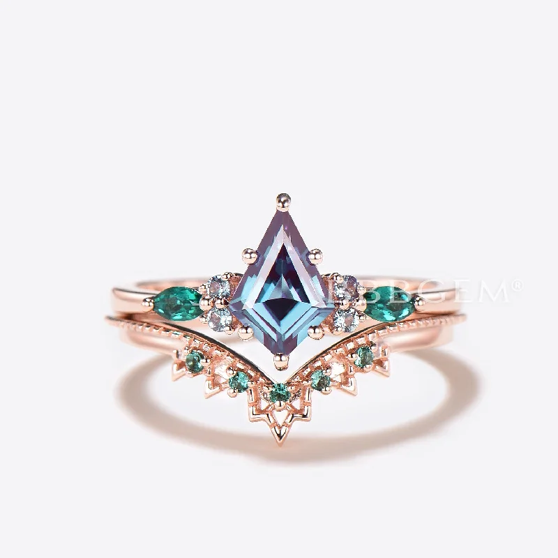 blue diamond engagement rings -Kite Cut Color-change Alexandrite Cluster Engagement Ring Emerald Crown Bridal Set