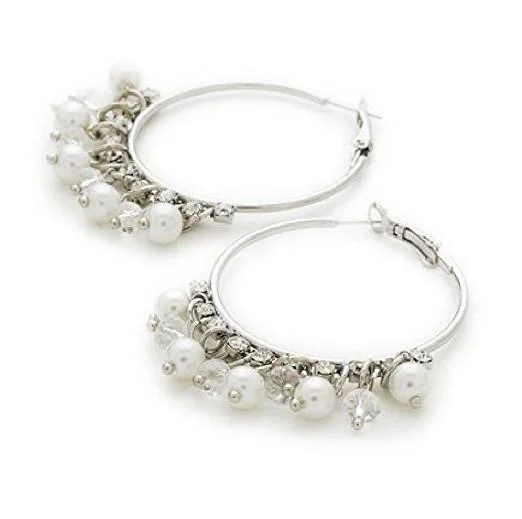 gemstone earrings for women -Designer Style Silver Tone and Crystal Diamante 'Ocean Pearl Sparkle' Hoop Earrings