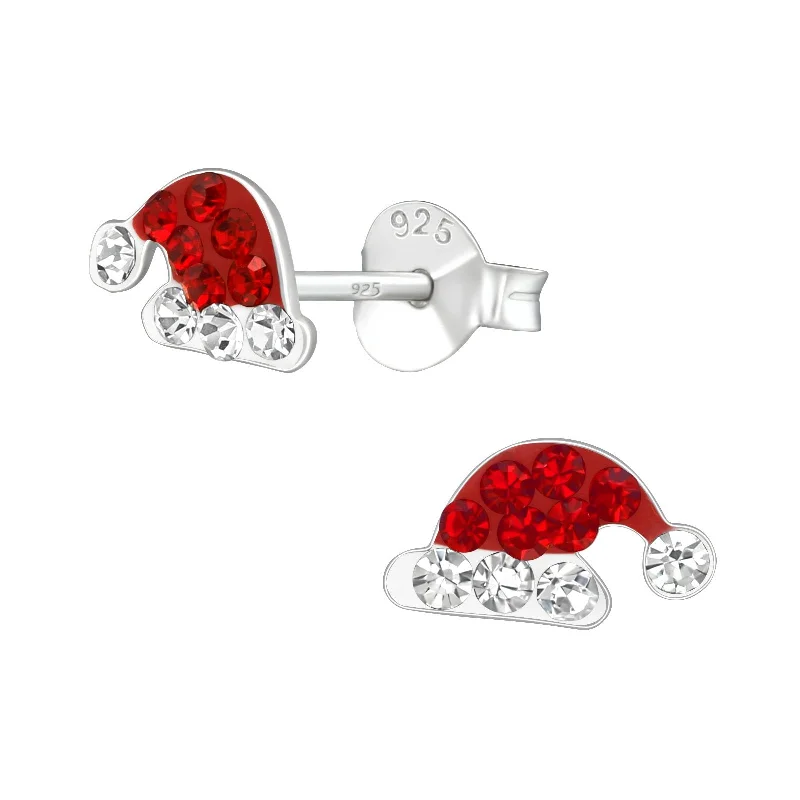 dangly earrings for women -Children's Sterling Silver Christmas Santa Hat Diamante Stud Earrings