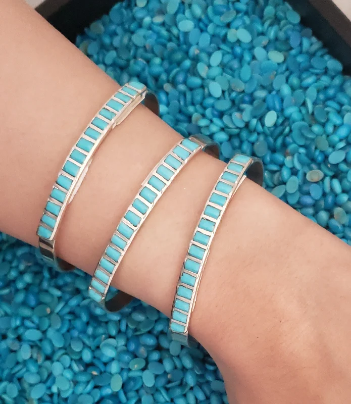 elegant bracelets for women -Stamped Sterling Silver Turquoise Inlay Cuff Stacker Bracelets