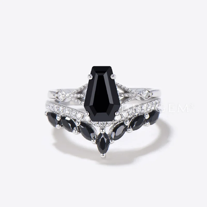 minimalist engagement rings -Coffin Shaped Black Onyx Engagement Ring Set Diamond Spinel Ring