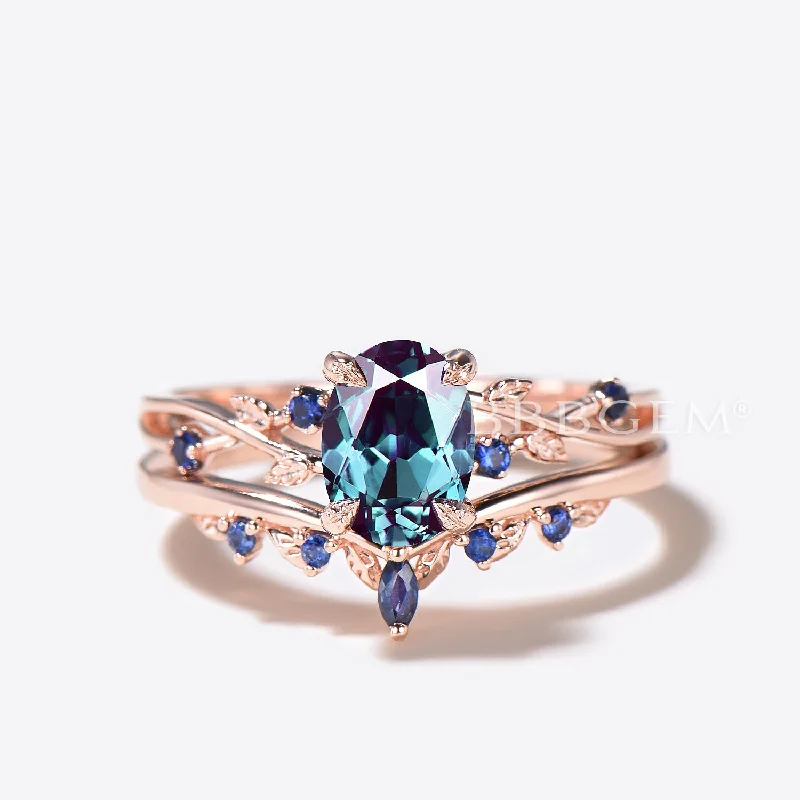 engagement rings with pink diamonds -Twisted Vine Oval Color-Change Alexandrite Ring Leaf Blue Sapphire Wedding Band