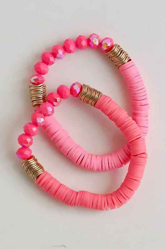 rose gold bangles for women -FINAL SALE - Zoey Hot Pink Beaded Bracelet Set