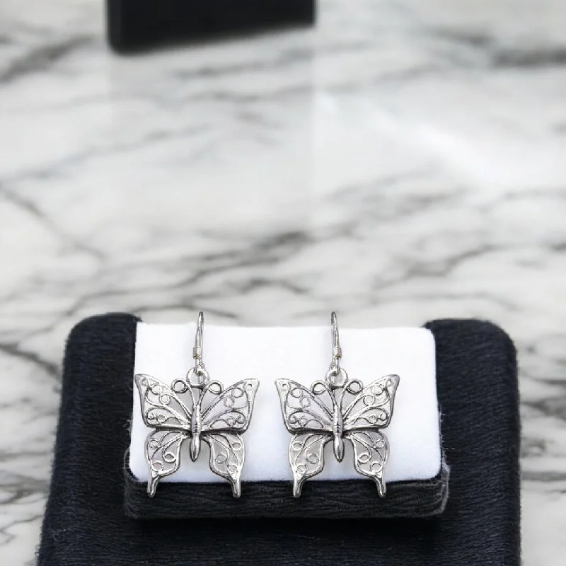 large statement earrings -Sterling silver oxidized butterfly motif earrings for women and girls