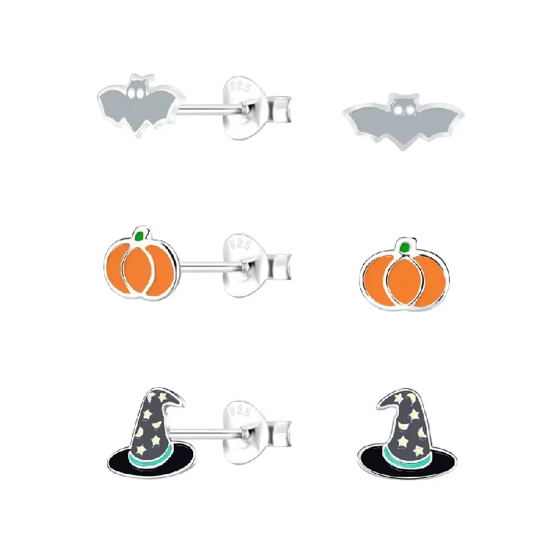 affordable silver earrings -Children's Sterling Silver Set of 3 Pairs of Spooky Halloween Themed Stud Earrings