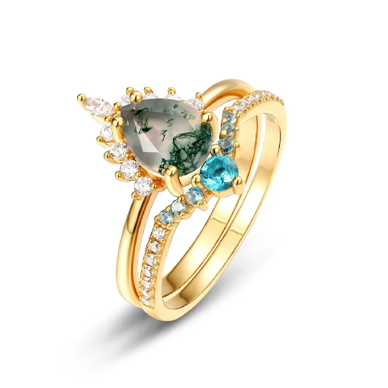 women’s engagement rings with sapphires -Yellow Gold Pear-cut Natural Moss Agate Vintage Inspired Wedding Rings