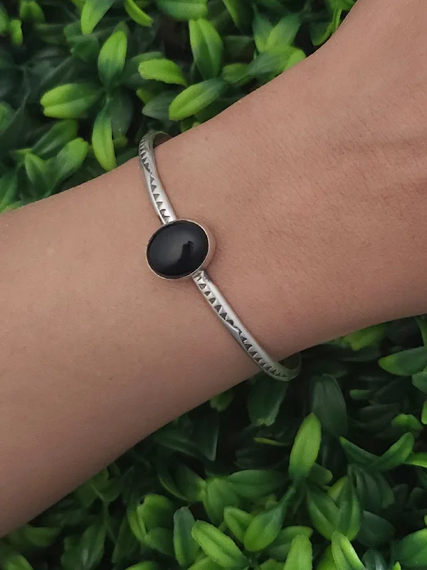 bangle bracelets for women -Stamped Sterling Silver Black Onyx Stacker Cuff Bracelet