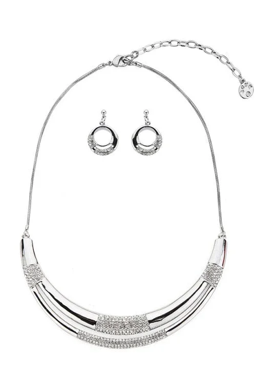 women’s heart-shaped earrings -Adult's Silver Tubes Double Row Necklace and Earrings Set