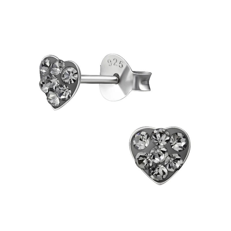 ear cuff earrings for women -Children's Sterling Silver 'Black Diamond Crystal Heart' Stud Earrings