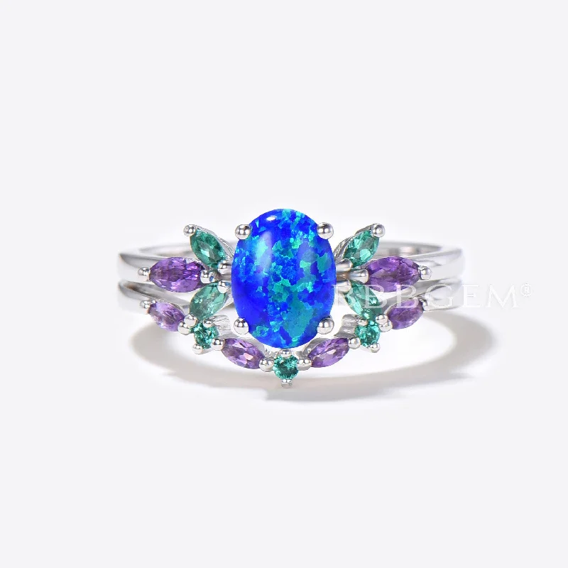 engagement rings with accent diamonds -Unique 1.5ct Oval Cut Blue Opal Engagement Ring Set Sterling Silver Emerald Amethyst Wedding Ring Galaxy Blue Fire Opal Bridal Set Promise Gift