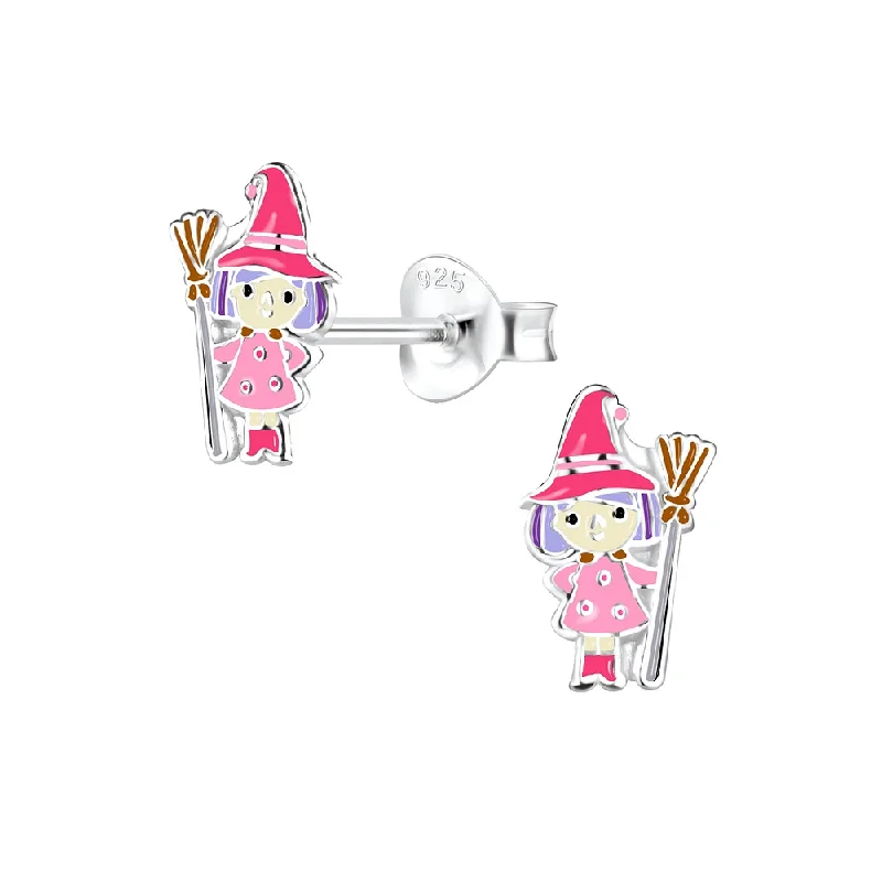 geometric earrings for women -Children's Sterling Silver Halloween Pink Witch Stud Earrings