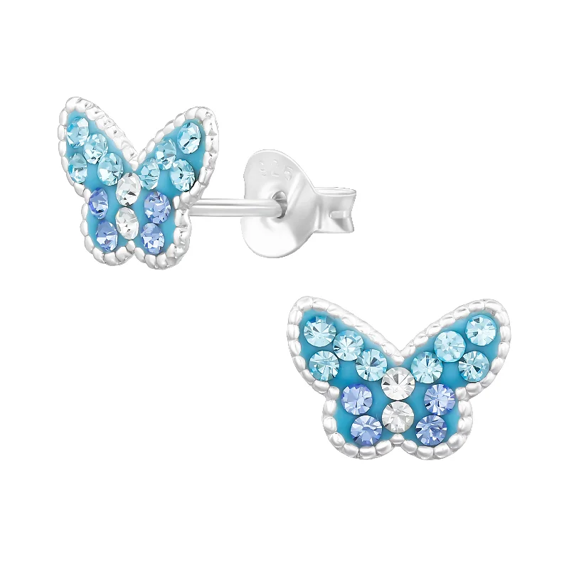 elegant crystal earrings -Children's Sterling Silver 'Blue Butterfly' Crystal Stud Earrings