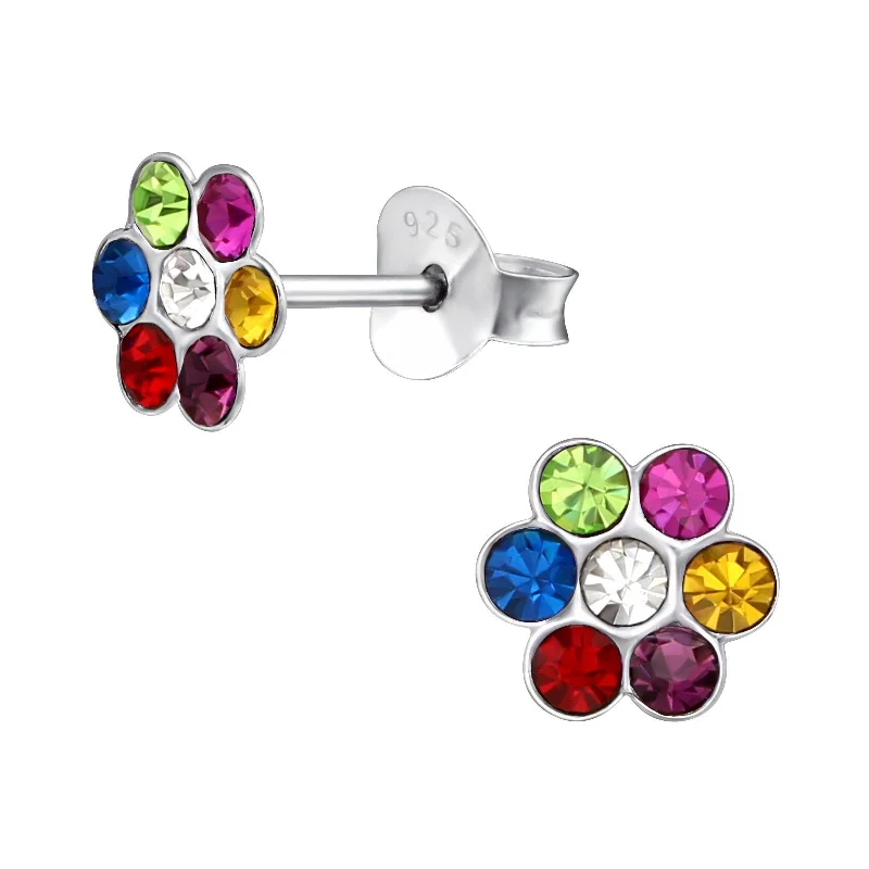 women earrings -Children's Sterling Silver Multi-Coloured Diamante Flower Stud Earrings