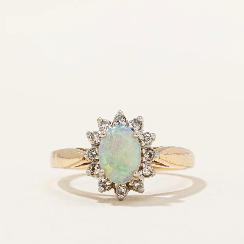 luxury platinum rings -Opal & Diamond Halo Ring | 0.40ct, 0.06ctw | SZ 5 |