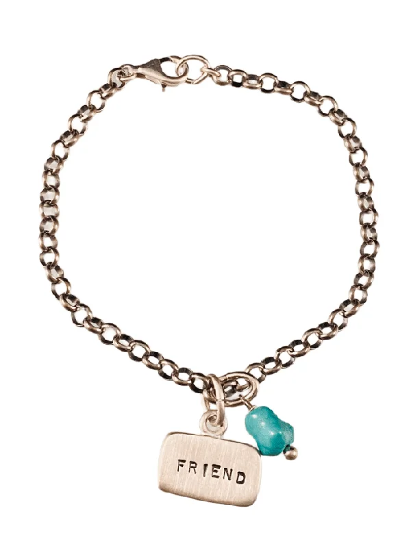 women’s braided bracelets -Friend Sterling Silver Tag Charm Bracelet with Turquoise Drop