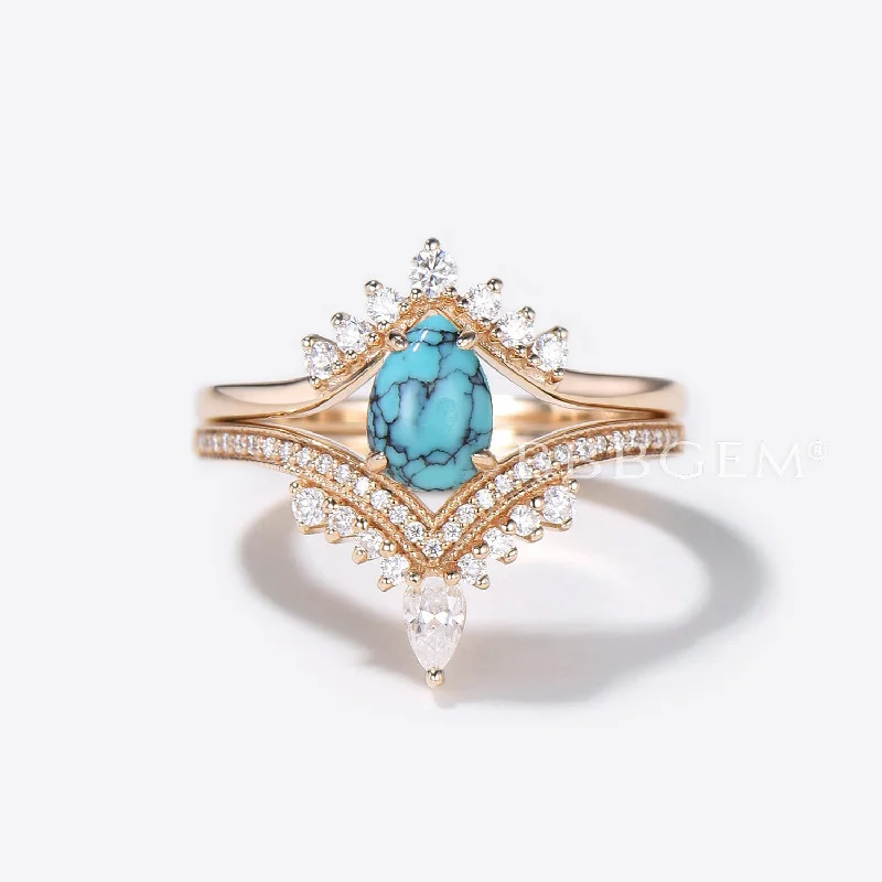 sparkling engagement rings -Pear Shaped Turquoise Engagement Ring Rose Gold Diamond Wedding Set