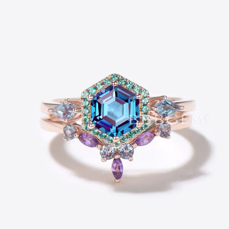 affordable engagement rings -Hexagon Cut Alexandrite Engagement Ring Halo Emerald Ring Set