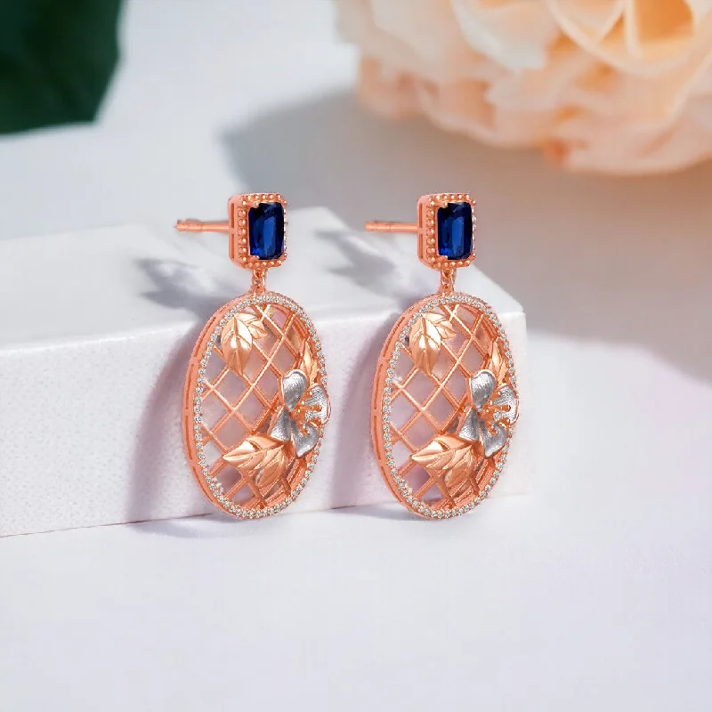 women’s stylish earrings -Blue Stone Oval Rose gold Drop Earring