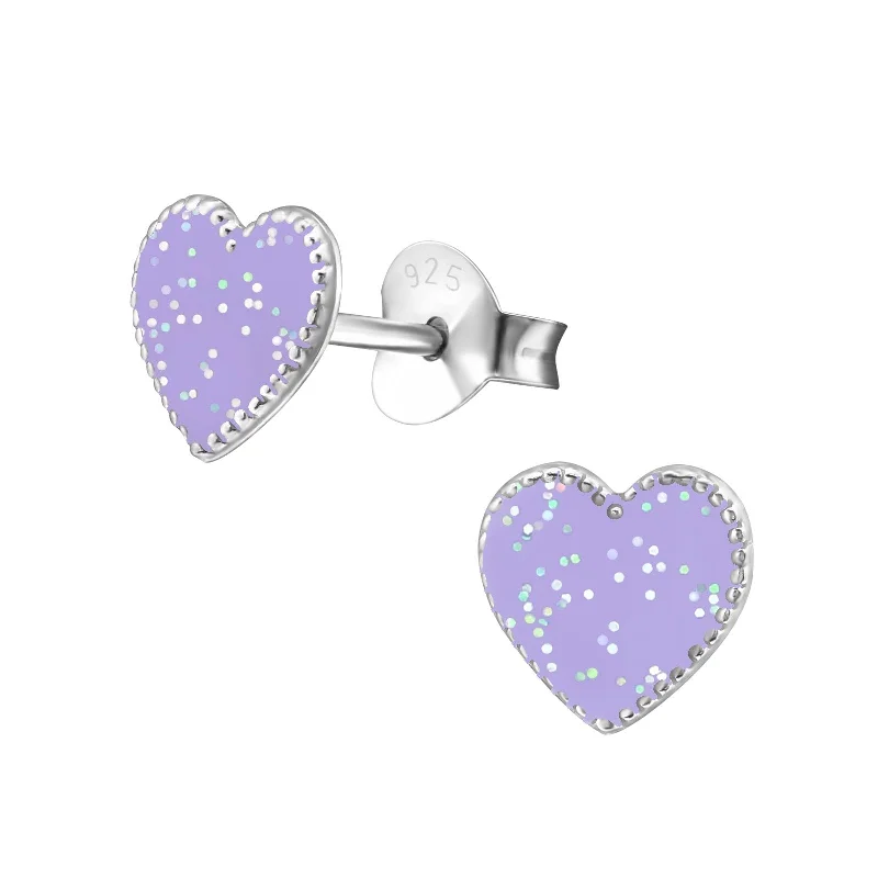 custom name earrings -Children's Sterling Silver Purple Glitter Heart Stud Earrings