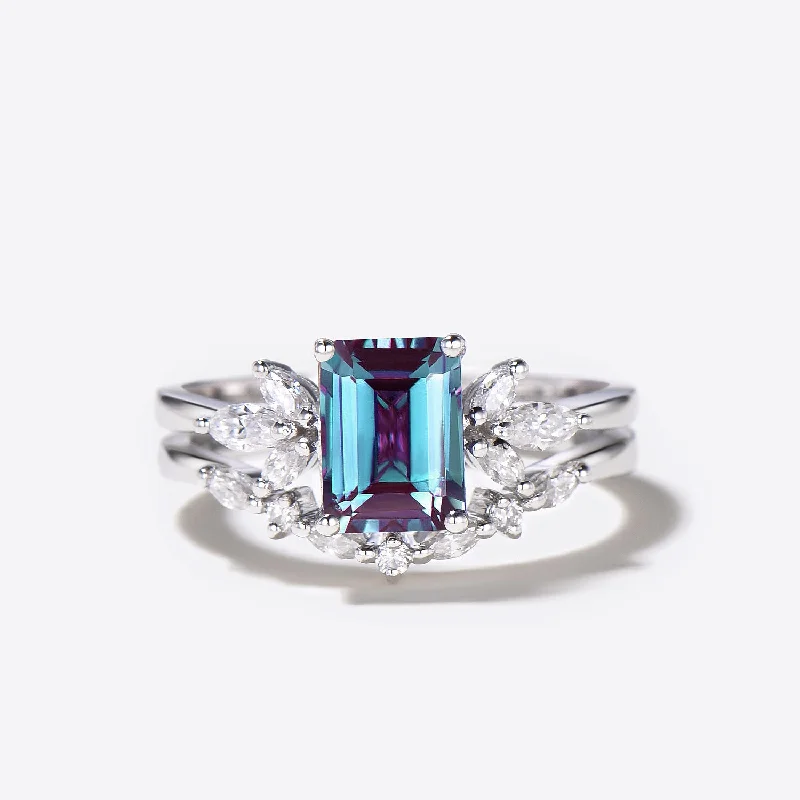 designer engagement rings -Emerald Cut Alexandrite Engagement Ring 7 Stone Diamond Bridal Set