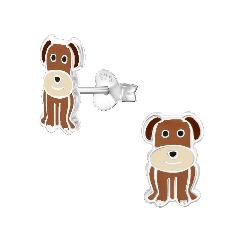 dangly earrings for women -Children's Sterling Silver 'Brown Dog' Stud Earrings