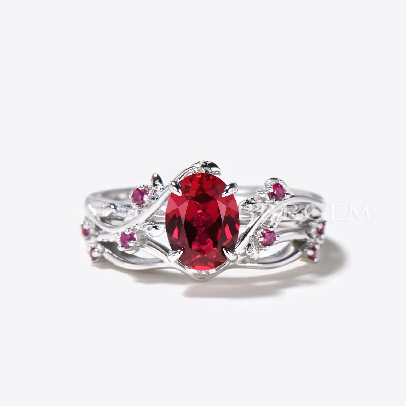 women’s princess-cut engagement rings -Oval Red Ruby Engagement Ring Nature Inspired Leaf Wedding Ring Set