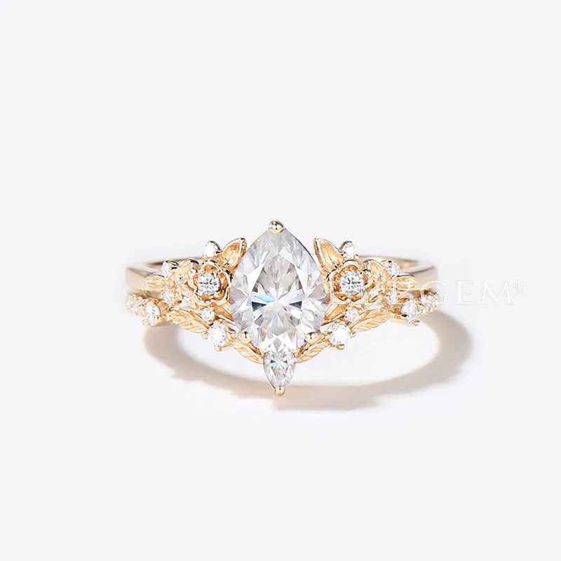 luxury sapphire engagement rings -Pear Lab Grown Diamond Engagement Ring 14k Gold Floral Leaf Wedding Set