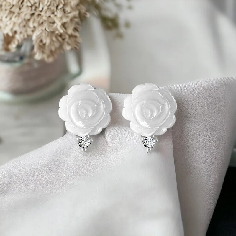 lightweight earrings for women -Mother Of Pearl White Rose Earring