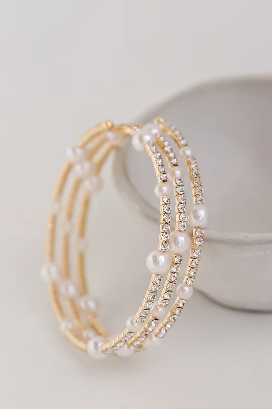 luxury diamond bangles -FINAL SALE - Claire Gold Pearl + Rhinestone Bracelet Set