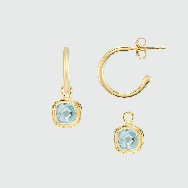 gold stud earrings for women -California Cushion Blue Topaz & Gold Interchangeable Hoop Earrings