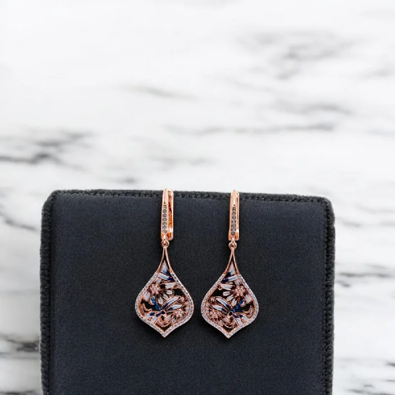 elegant diamond earrings -Rosegold dragonfly drop earrings for women and girls