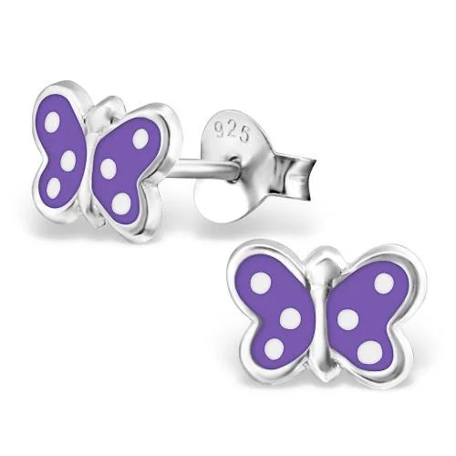 bridal earrings for weddings -Children's Sterling Silver Spotty Purple Butterfly Stud Earrings