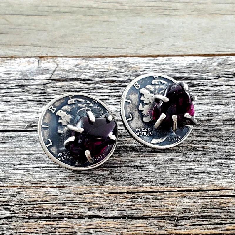 fashion diamond earrings -Garnet Amethyst Mercury Dime Stud Earrings