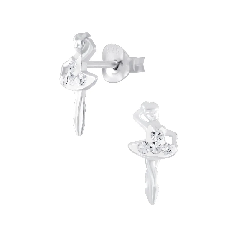 statement earrings for women -Children's Sterling Silver Ballerina With Clear Diamante Dress Stud Earrings