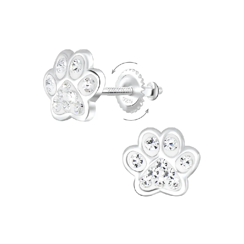 fashionable earrings for casual wear -Children's Sterling Silver 'Clear Crystal Paw' Screw Back Stud Earrings