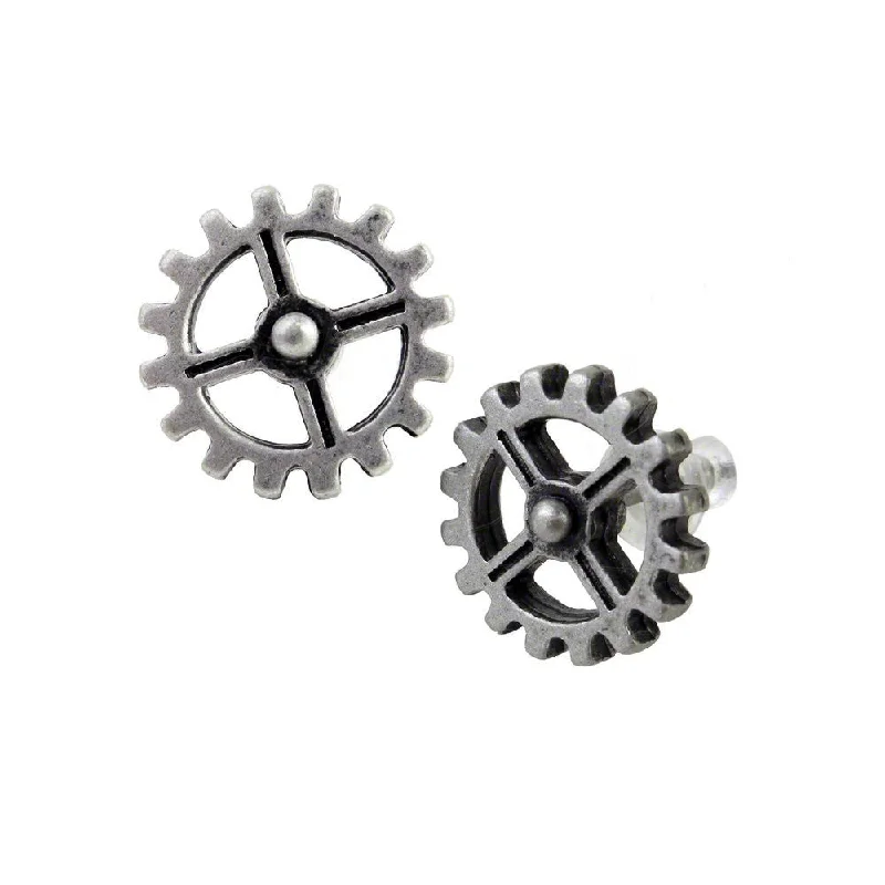 ear cuffs for women -Steampunk Cogwheel Industrilobe Stud Earrings By Alchemy Gothic