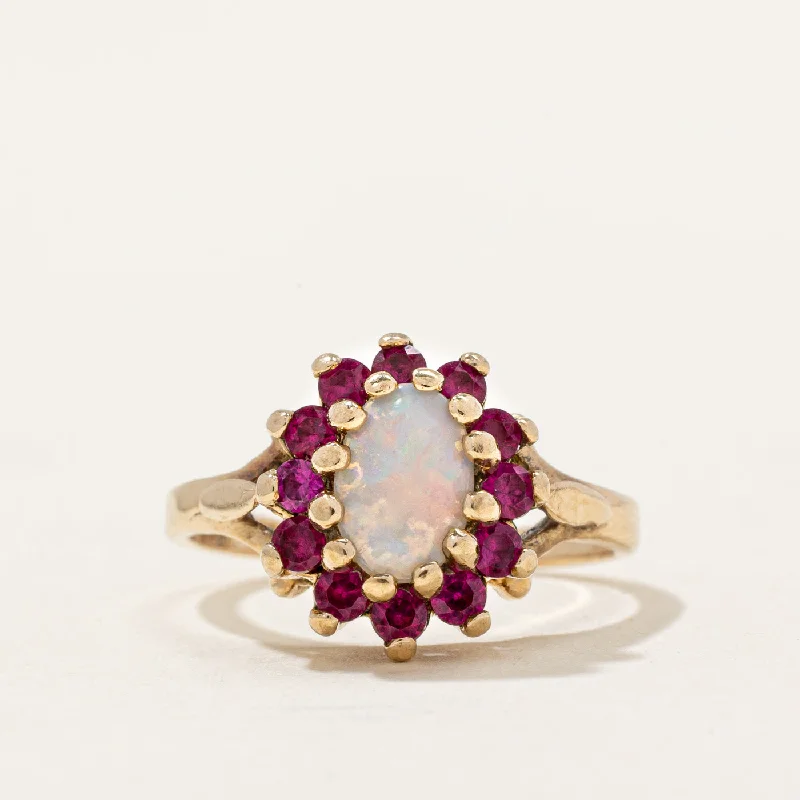 trendy rings for women -Opal & Synthetic Ruby Halo Ring | 0.31ct, 0.30ctw | SZ 5.25 |